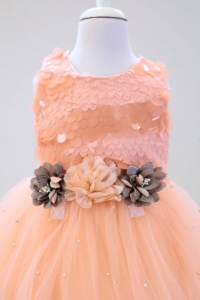 Mika Bebek Beaded Fluffy Tulle Salmon Girls' Evening Dress