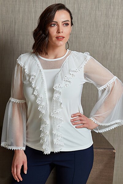 MİYORO Women's Tulle Flounce and Tulle Sleeve Plus Size Blouse