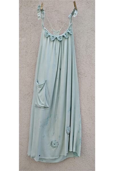 lovetheworld Tasarım Buzmavi Omuzları Fırfırlı Elişi Dantel Detaylı Uzun Hand...