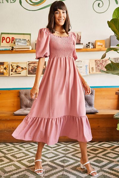 Olalook Damen-Bodrum-Kleid mit puderfarbenem Oberteil und elastischem, quadratischem Kragen ELB-19001557