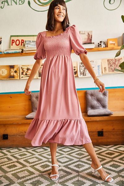 Olalook Damen-Bodrum-Kleid mit puderfarbenem Oberteil und elastischem, quadratischem Kragen ELB-19001557