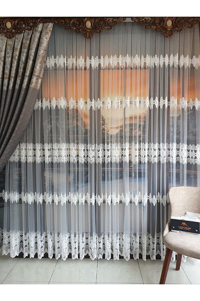 lüks House Luxury Tulle Curtain Brode2 Process White Color 1e3 Tight Pleat