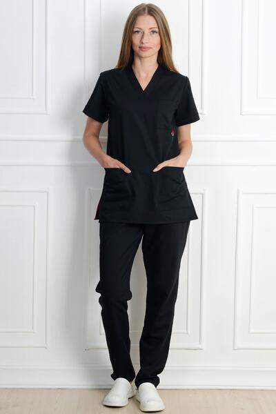 ModaCanel أزياء كانيل الخامس الرقبة ممرضة طبيب سيدة ليكرا الأسود جيرسي البدلة الطبية