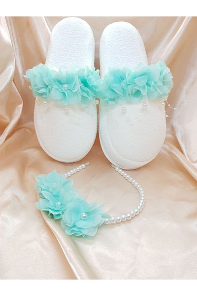 Melkady Aksesuar Melkady 233lmint - Floral Maternity Slippers and Pearl Crown Set (Piece of 2)