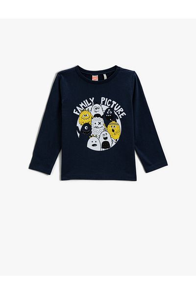 Koton Boy's Navy Blue Printed T-Shirt Long Sleeve Cotton