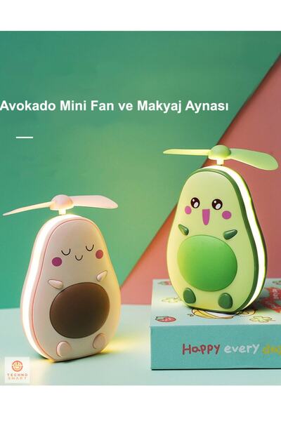 TechnoSmart Led Işıklı Makyaj Aynası Mini El Fanı Usb Şarjlı Avakado Figürlü Fonksiyonel Vantilatör