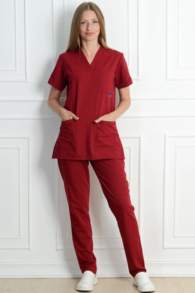 ModaCanel أزياء كانيل الخامس الرقبة ممرضة طبيب سيدة ليكرا بورجوندي جيرسي البدلة الطبية