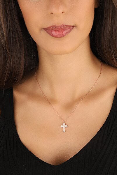 Lia Berto Rose Zirkon Taşlı Haç Model 925 Ayar Gümüş Kolye