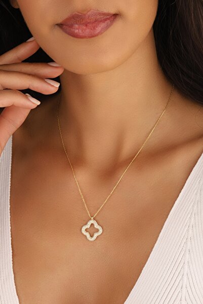 Lia Berto Altın Kaplama Yonca Model 925 Ayar Gümüş Kolye