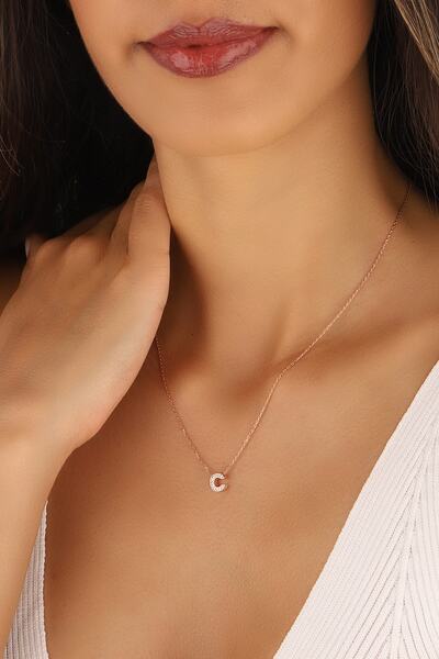 Lia Berto Rose 3 Boyutlu Taşlı C Harfi 925 Ayar Gümüş Kolye