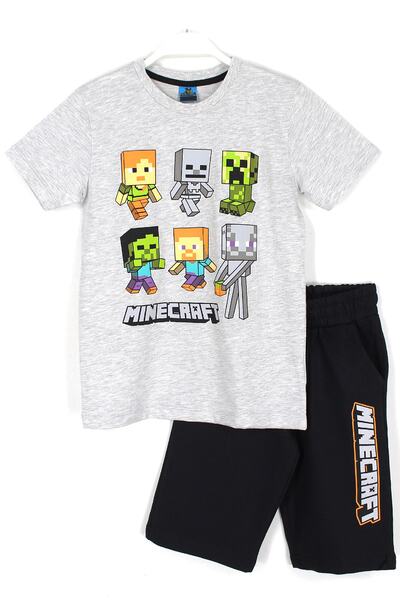 MINECRAFT Tricou Capri Băiat Imprimat Personaje Set 2 Piese Gri Negru