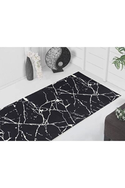 Sarar Kaymaz Taban Siyah Mermer Desen Özel Ölçü Kesme Yıkanabilir Ince Halı Yolluk
