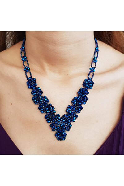 Handmade By HLY فستان سهرة بتصميم قلادة منسوجة يدويًا بحجر كريستال أزرق منتصف...