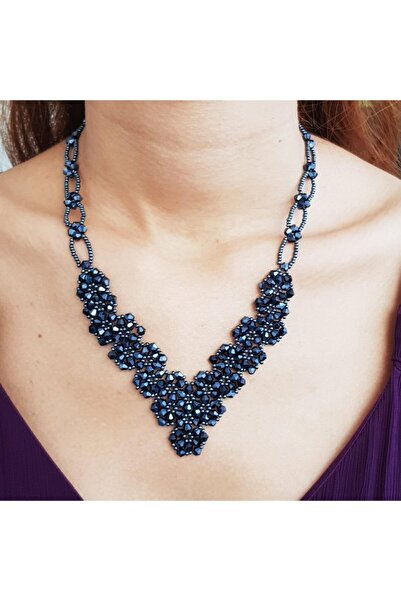 Handmade By HLY فستان سهرة بتصميم قلادة منسوجة يدويًا بحجر كريستال أنثراسايت