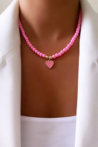 Clare's Store Pembe Cam Boncuk Kalp Uçlu Kolye
