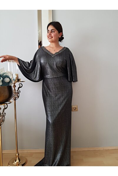 FERGAN Women's Silver Plus Size Design Bell Evening Dress