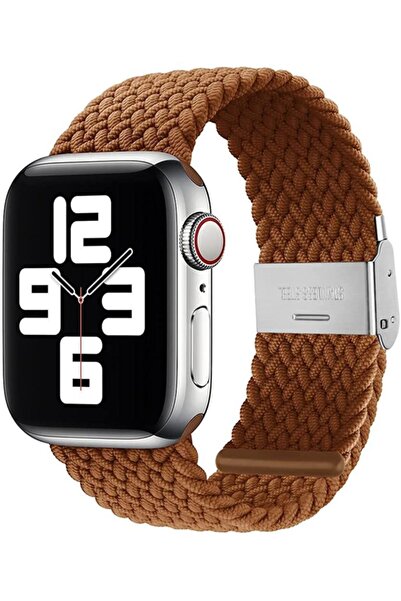 Melikzade Apple Watch Seri SE/10/9/8/7/6/5/4/3 46mm-45mm-44mm-42mm Ayarlanabilir Klipsli Örgü Kordon Taba