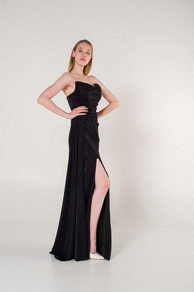 SpringStore Rochie de seară neagră, fără bretele, cu sclipici