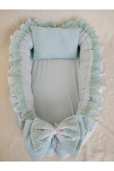 Raduga Collection % 100 Pamuklu Waffle Pike, Poplin Kumaş Dantelli Ve Fırfırlı Babynest + Yastık Mint