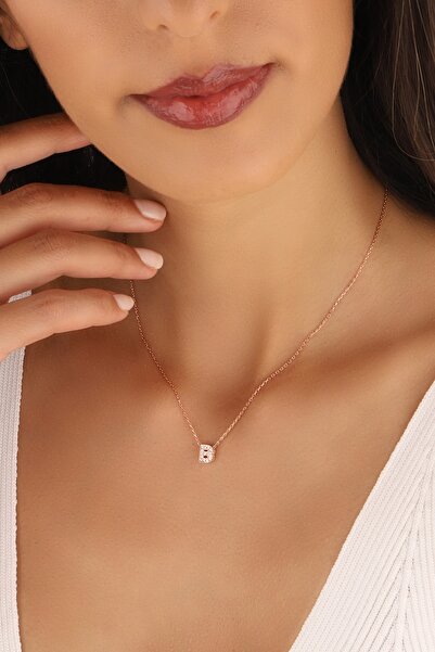Lia Berto Rose 3 Boyutlu Taşlı B Harfi 925 Ayar Gümüş Kolye