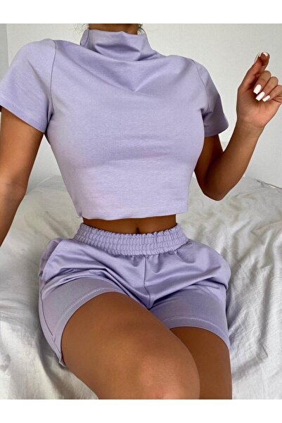 MAGZA Dik Yaka T Shirt - Yüksek Bel Şort Takım Lila