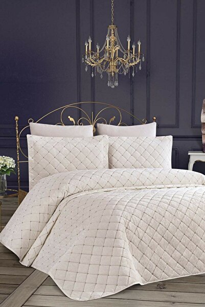 jön New Dessert Velvet Filled Quilted Double Bedspread Cream