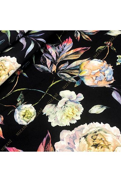 SUZANİ Black Background Flower Patterned Digital Printed Fabric Kms-0895
