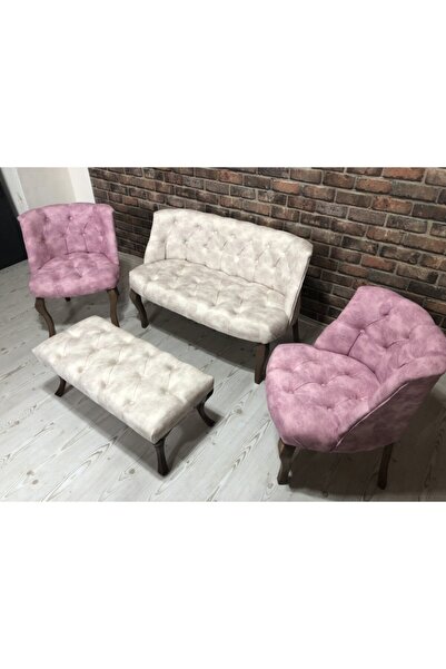 ElizzanMobilya Krem Ve Pembe Çay Seti Berjer Koltuk Takımı 2+1+1 Koltuk Ve Be...