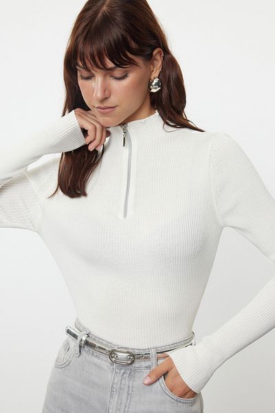 Trendyol Collection Ecru Zippered Thin Knitwear Sweater - Cotton Blend, Stand Collar TWOAW25KZ00070
