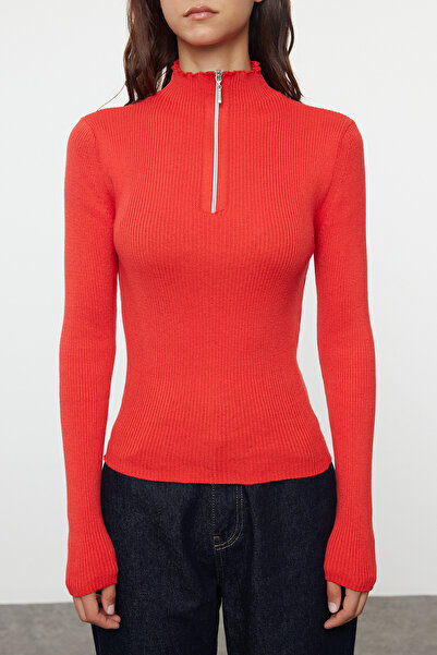 Trendyol Collection Piros vékony kötöttáru pulóver állógalléros cipzárral - TWOAW25KZ00070