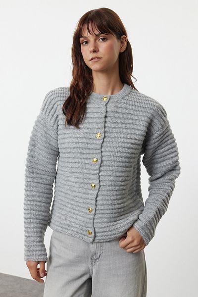Trendyol Collection Crew Neck Gray Knitwear Cardigan - Jacket Look, Textured Twoaw25Hi00141