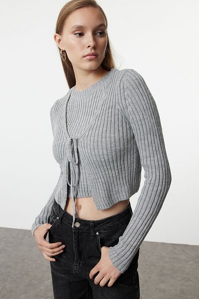 Trendyol Collection Gray Knitwear Crop Blouse and Cardigan Set - TWOAW25HI00167