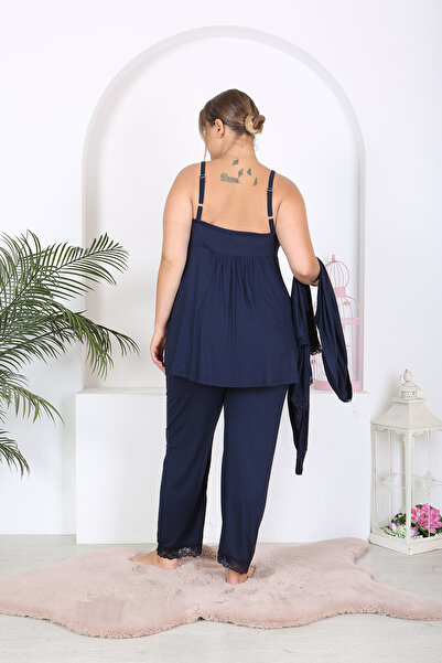 XL Modam KADIN BÜYÜK BEDEN 3 LÜ SABAKLIKLI LACİVERT PİJAMA TAKIMI