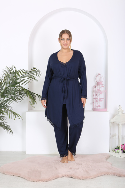 XL Modam Large Size Navy Blue 3-piece Pajama Set with Sabak