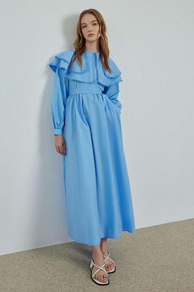 Hooopstore فستان مطرز باللون الأزرق للأطفال - بتفاصيل مخططة