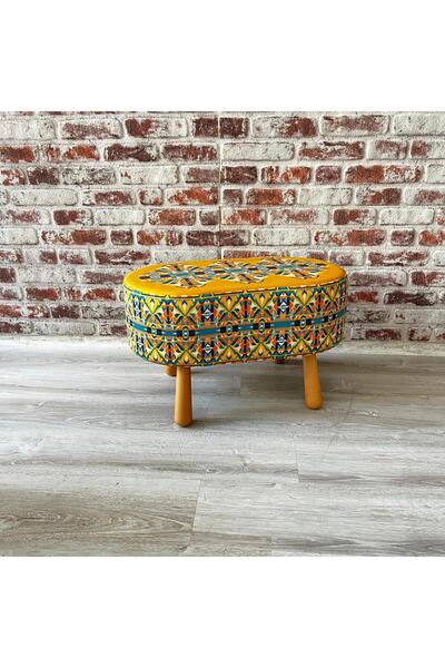 Mi Puf Hardal İkat Desenli Dekoratif Bohem Oval Puf