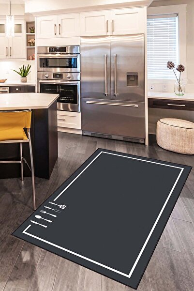 Viva Home Antrasit Kaymaz Taban Kaşık Desen Mutfak Halısı Yolluk VH112