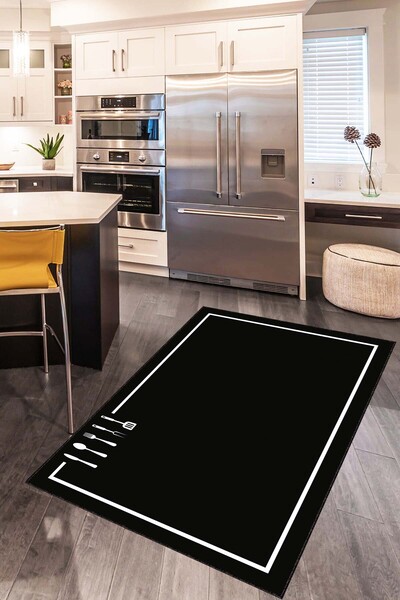 Viva Home Siyah Kaymaz Taban Kaşık Desenli Mutfak Halısı Yolluk VH113
