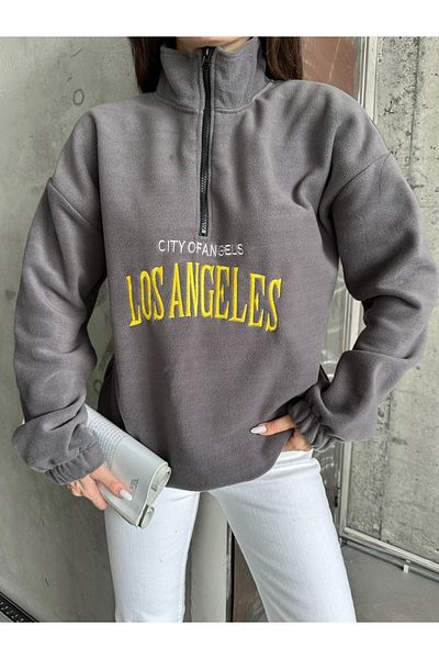 RASCHA Women's Dark Gray Los Angeles Embroidered Oversize Zippered Fleece Sweatshirt