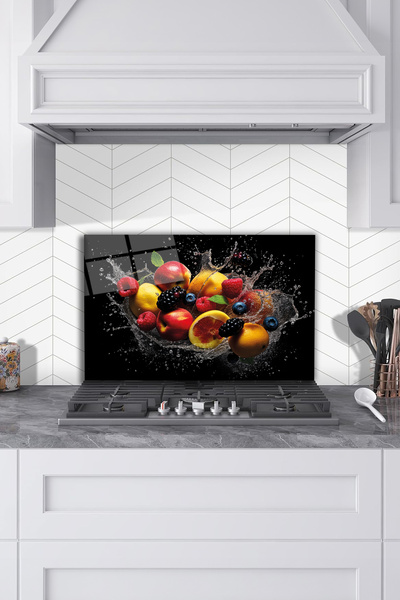 Rosyvien Protector de spate pentru aragaz din sticlă cu fructe colorate, prot...