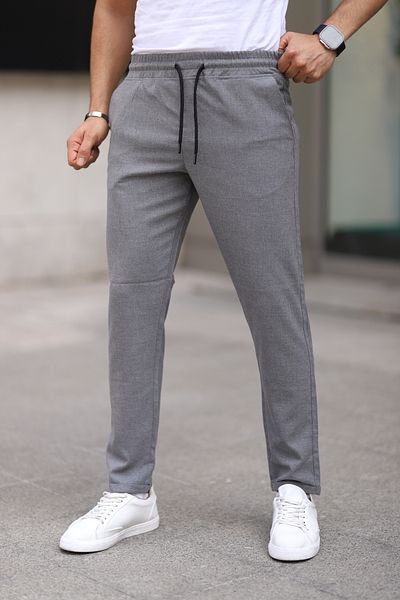 Bürke Men's School Gray Elastic Waist Lace up Stretchy Fitted Jogger Pants Fabric Trousers