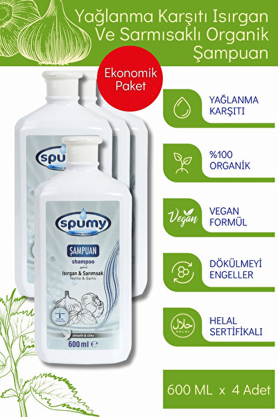 Spumy Yağlanma ve Dökülme Karşıtı Isırgan Ve Sarmısaklı 3+1 Organik Şampuan - 600 ML x 4