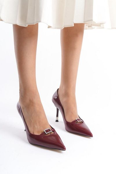 Lölük Moda Special Stoned Claret Red Patent Leather Sitiletto - Closed Heel