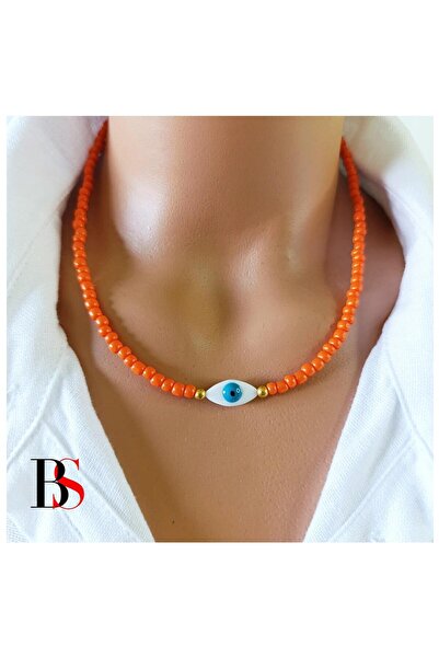 Bijustore Sedef Doğal Taş - Nazar Boncuğu - Turuncu Kesme Boncuk Kadın Kolye