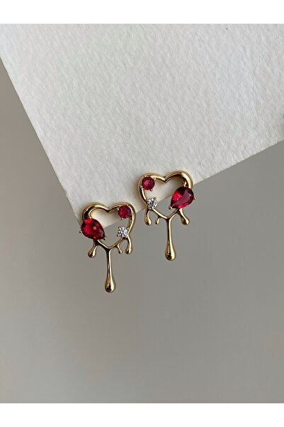 Owentis Steel Gold Red Stone Heart Tracie Earrings - Does Not Tarnish -