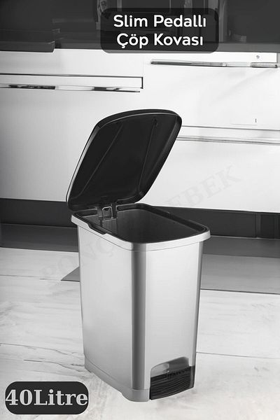 PONÇİK STORE Pedal Pearlescent Gray Bathroom Kitchen Trash Can Black Lid Slim Pedal Trash Can 40 Liters