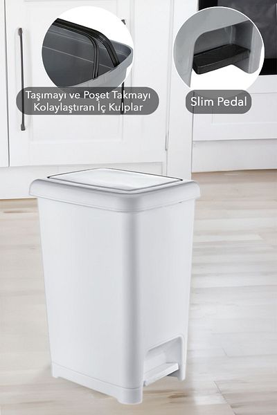 PONÇİK STORE White Bathroom Kitchen Trash Can with Pedal Black Lid Slim Pedal Trash Can 40 Liters