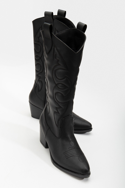DENORA Embroidered Black Matte Leather Cowboy Western Boots