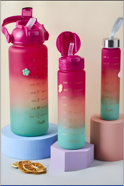 Lascaris 3lü Set Bpa Içermez Motivasyonel Kırmızı&Turkuaz Su Matarası 3d-2d S...