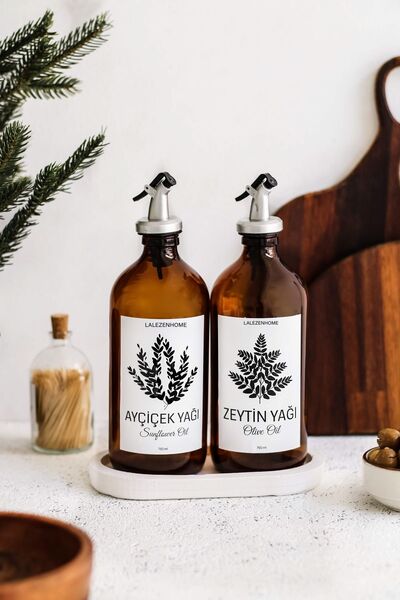 LALEZEN HOME وعاء زيت ذو علامة بيضاء كهرمانية مكون من قطعتين مع حامل أبيض سعة 500 مل